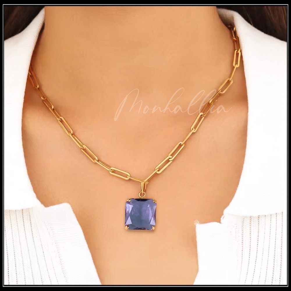 NEW AMETHYST QUARTZ GOLD STAINLESS STEEL PAPERCLIP SQUARE PENDANT NECKLACE